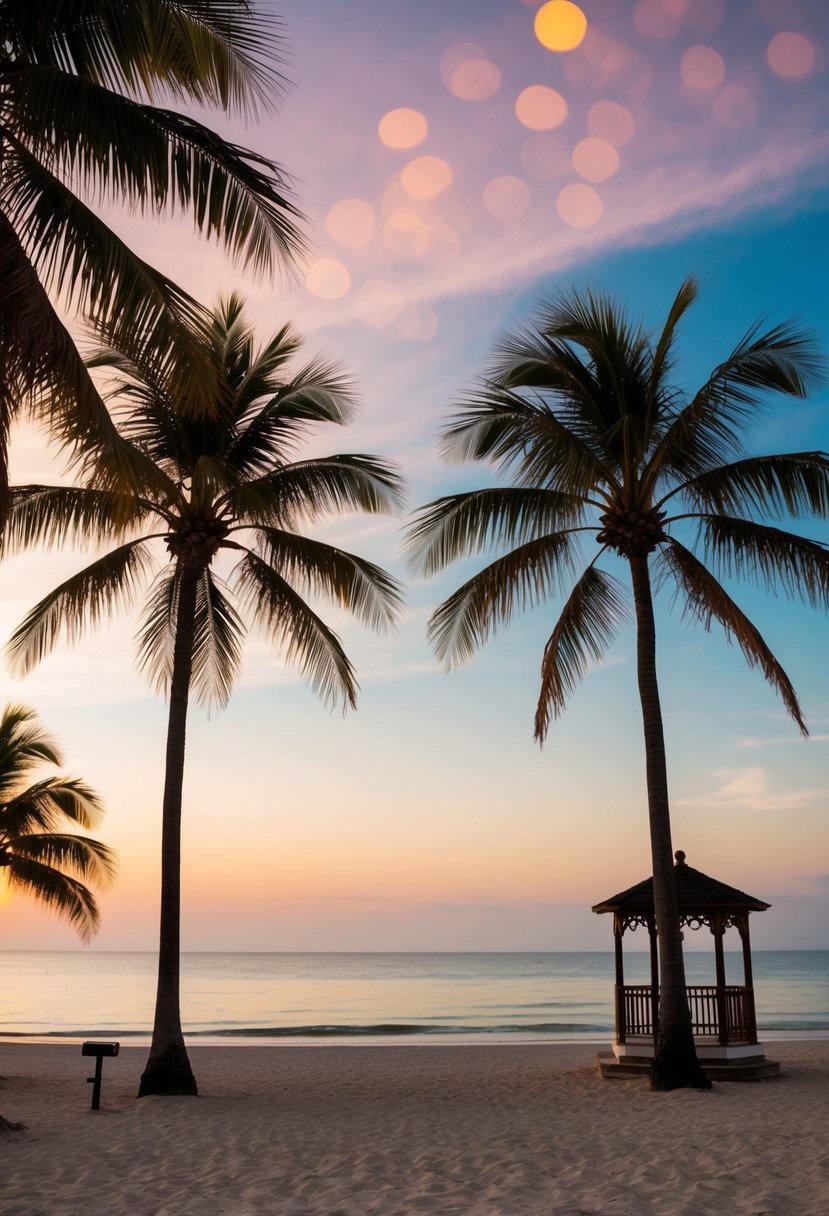 A serene beach with palm trees, a gazebo, and a sunset backdrop