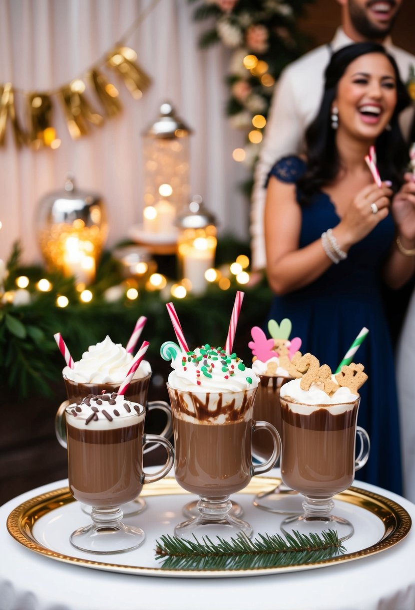 A festive hot chocolate bar with whimsical toppings, set against a backdrop of wedding decor and laughter