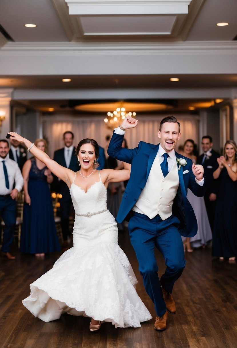 A bride and groom wearing formal attire perform a comical and energetic dance routine as they make their entrance at their wedding reception