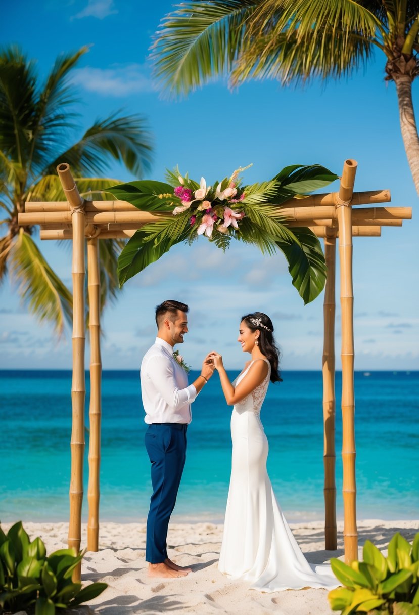 A tropical beach wedding with a couple exchanging rings under a bamboo arch, surrounded by lush greenery and a clear blue ocean