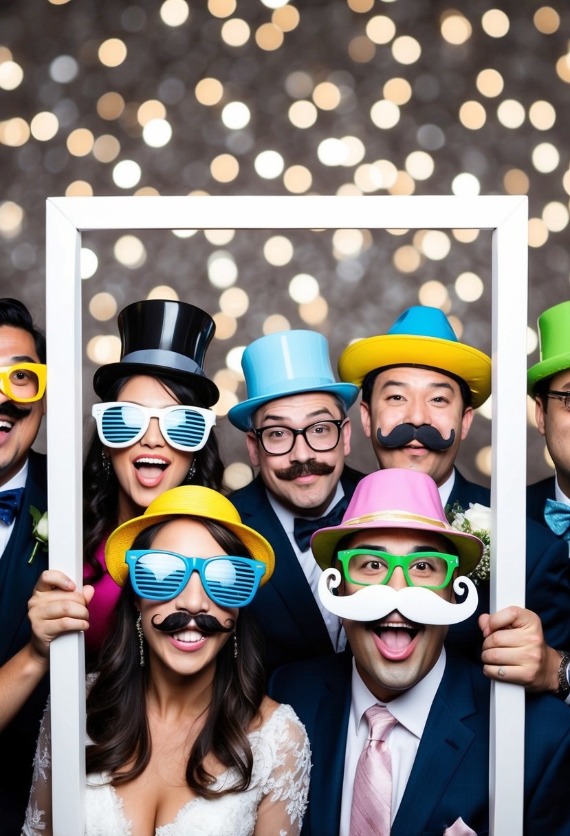 A photo booth filled with comical props for a wedding, such as oversized glasses, fake mustaches, and silly hats