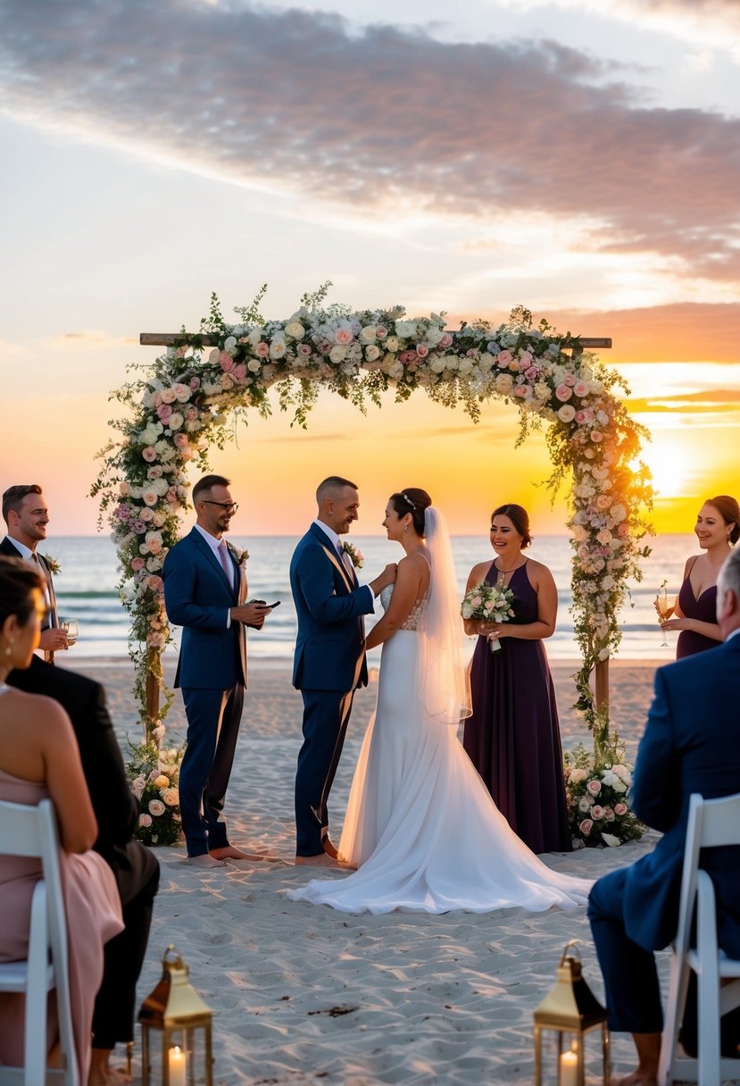 A serene beach wedding with a picturesque sunset, a bride and groom exchanging vows under a floral arch, while guests enjoy a cocktail reception