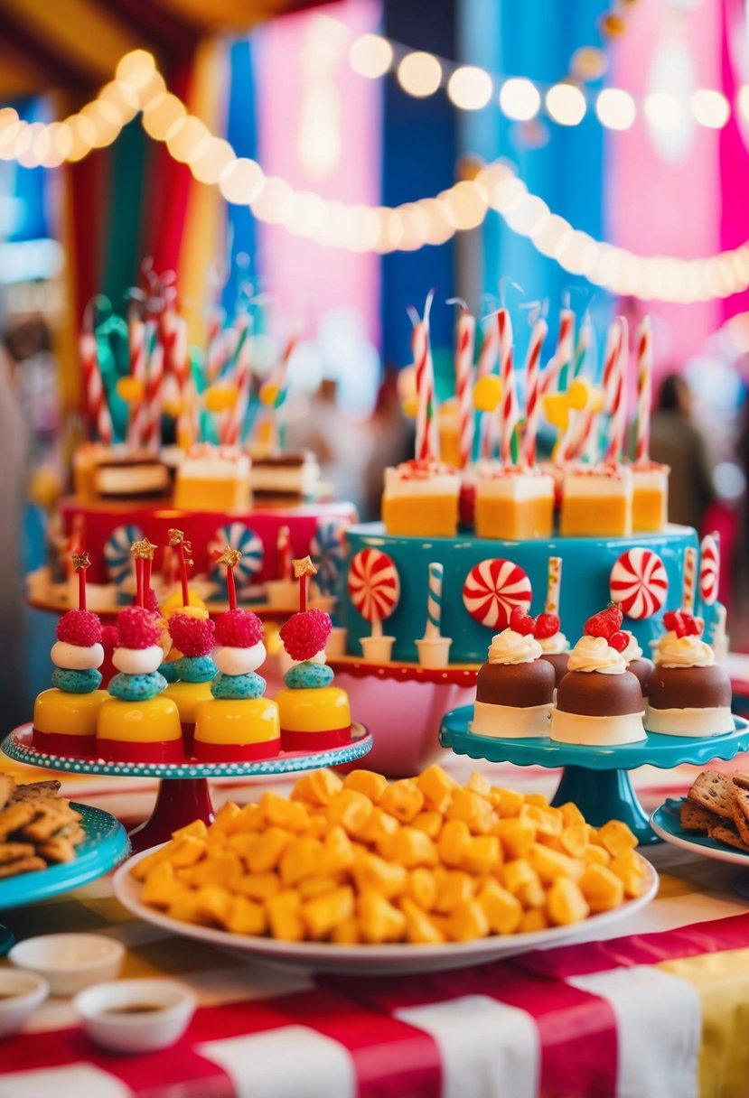 Colorful carnival treats displayed on a table, with whimsical decorations and a festive atmosphere