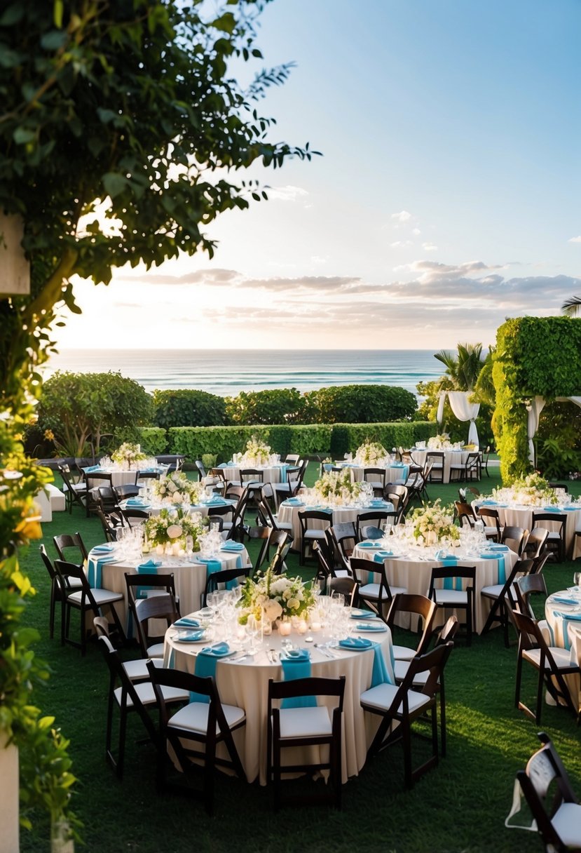 A bustling outdoor wedding venue with elegant tables set for a reception, surrounded by lush greenery and a picturesque view of the ocean