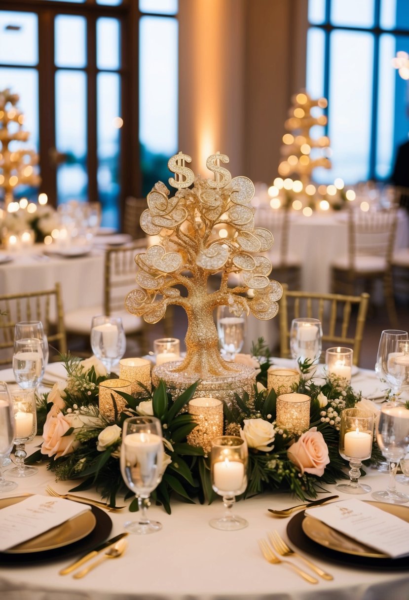 A lavish wedding table adorned with a glittering money tree centerpiece, surrounded by elegant floral arrangements and twinkling candlelight