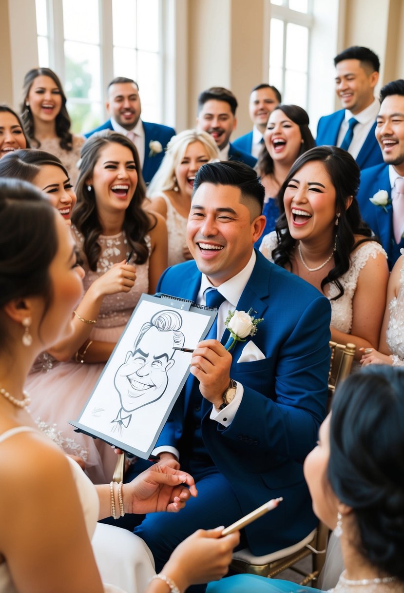 A caricature artist at a wedding, surrounded by laughing guests, drawing exaggerated and humorous portraits