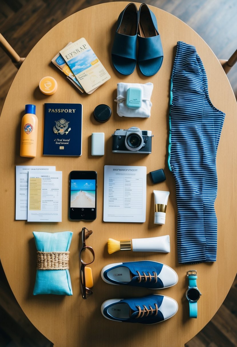 A table with neatly arranged items: passport, tickets, sunscreen, camera, dress, suit, shoes, toiletries, and beach accessories