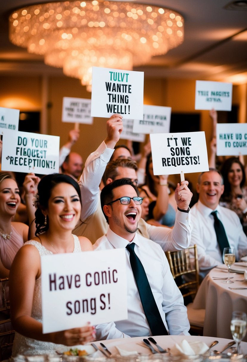 Guests holding up signs with comical song requests at a wedding reception