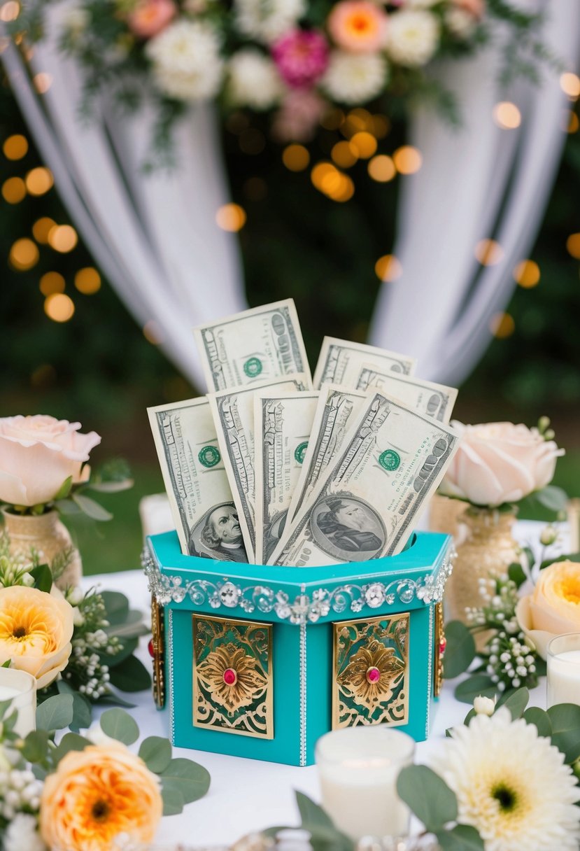 A decorative box filled with money, surrounded by wedding-themed decor and flowers