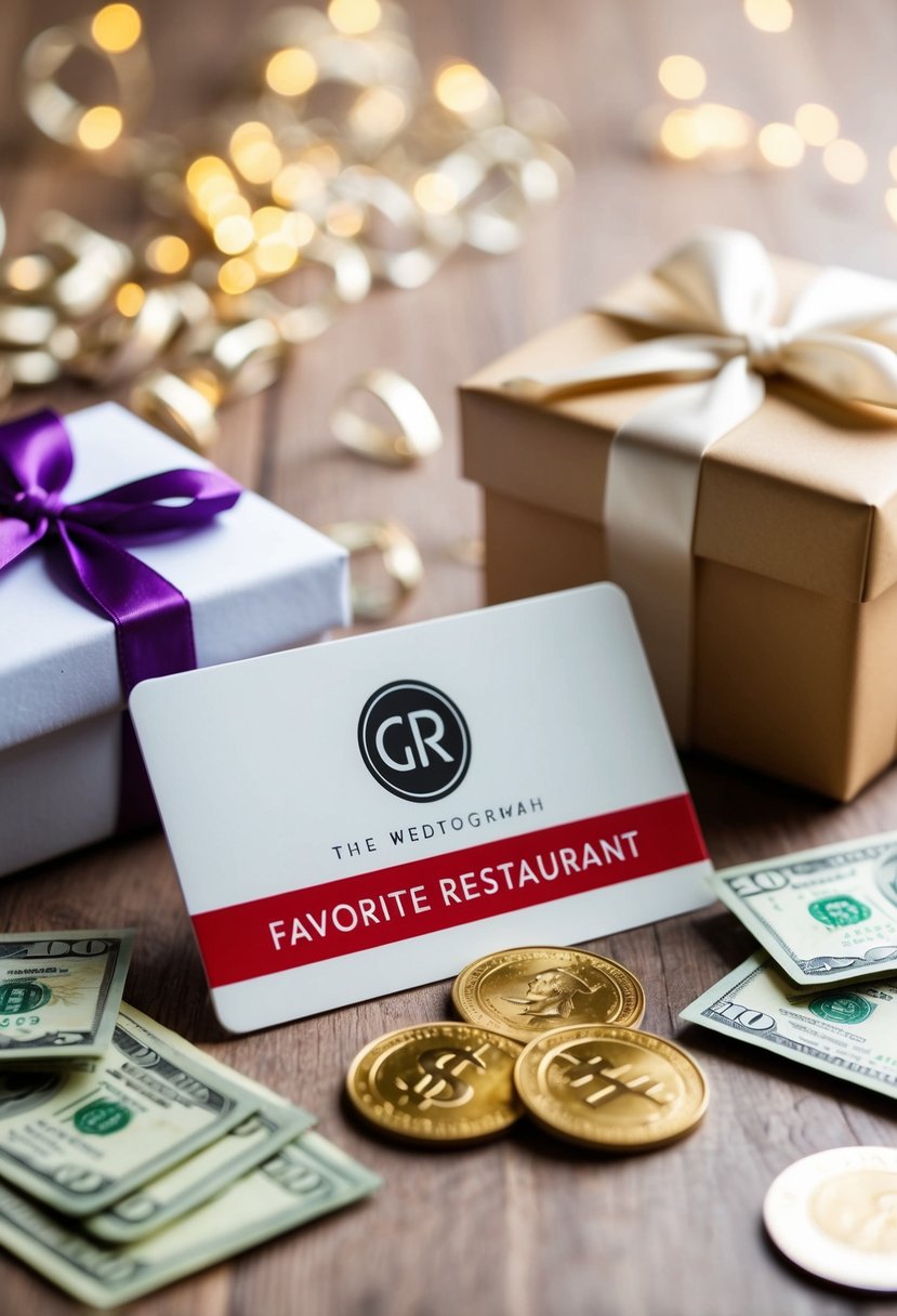 A gift card to a favorite restaurant surrounded by wedding money and other thoughtful gift ideas