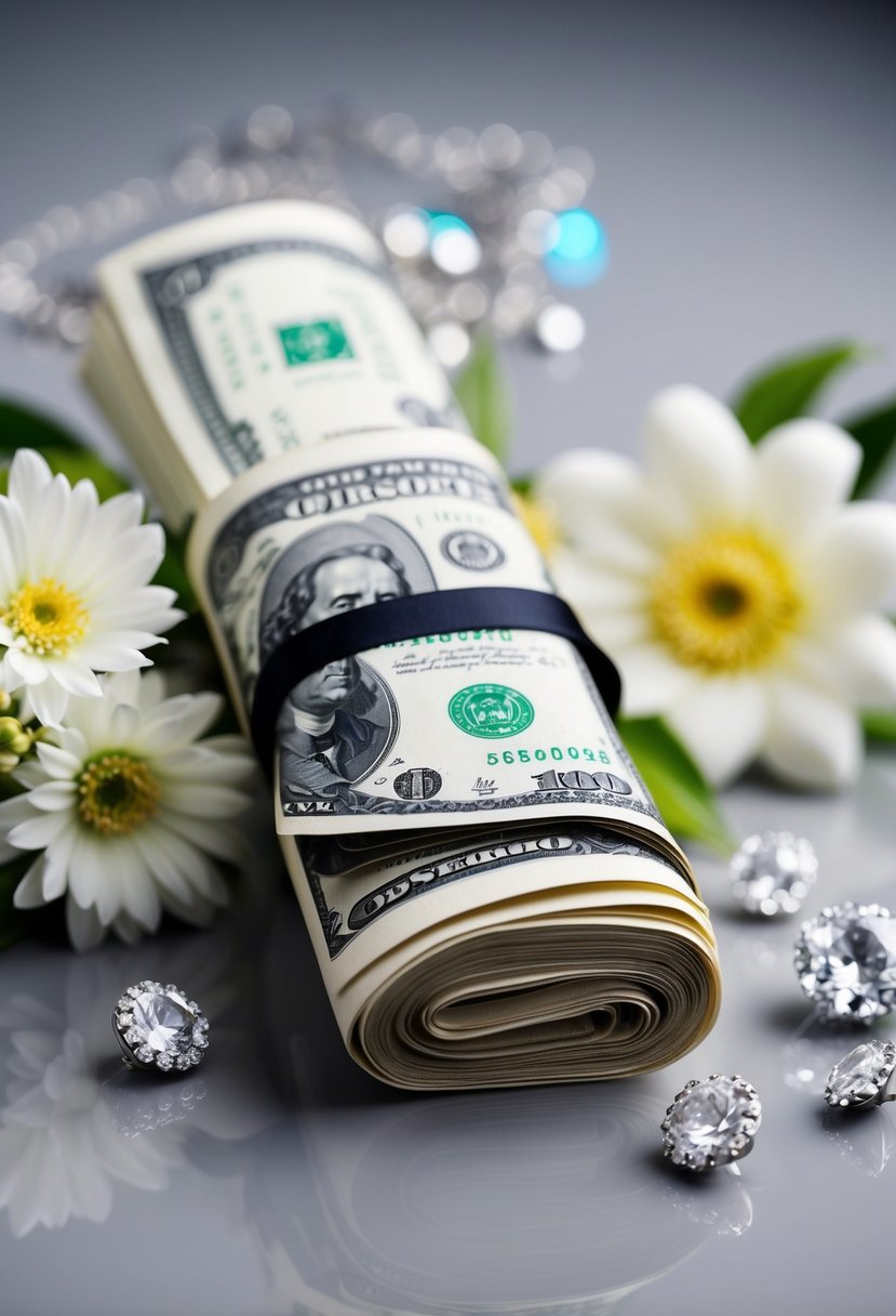 A pile of cash neatly wrapped in a luxurious scarf, surrounded by delicate flowers and sparkling jewels