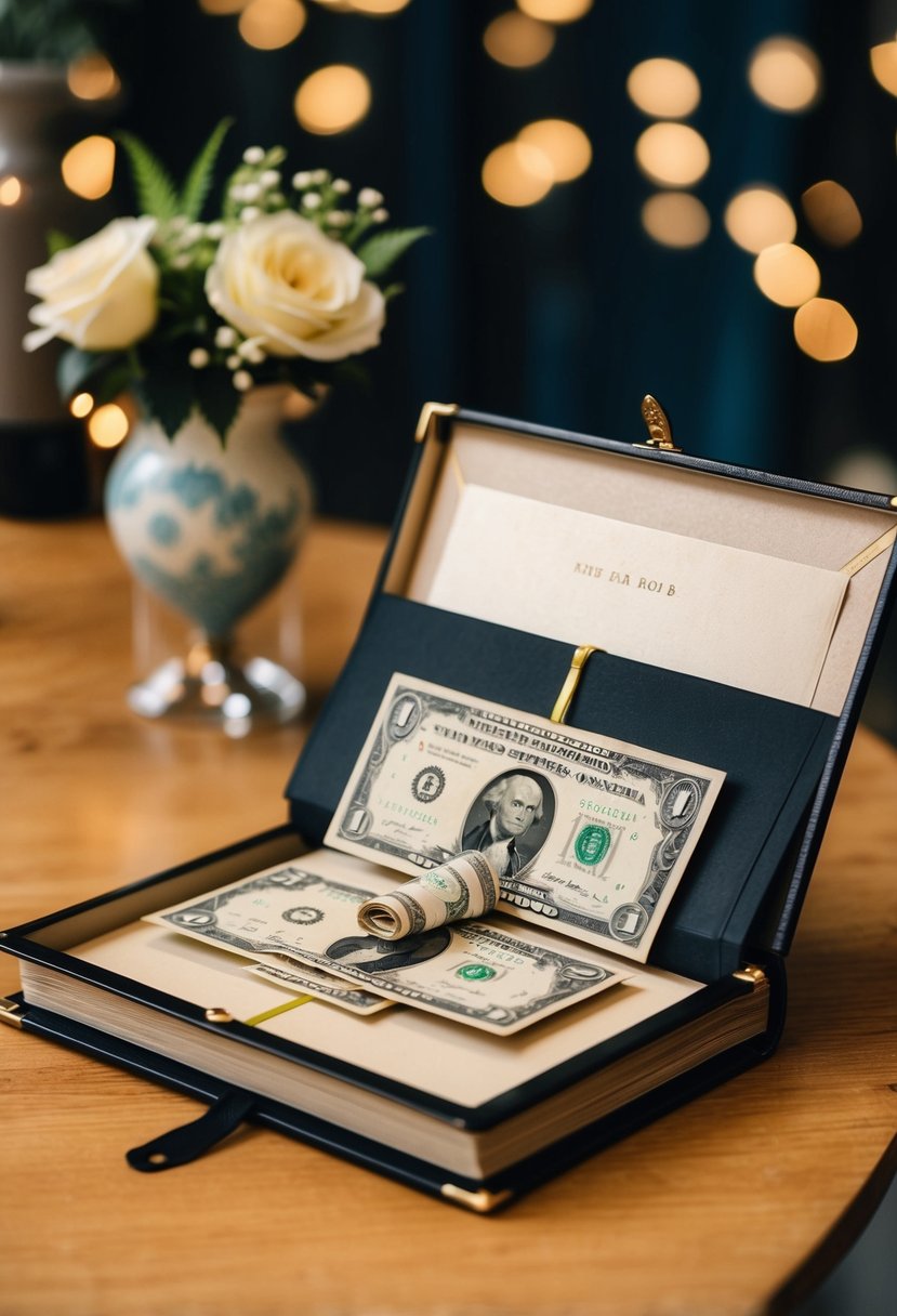 A vintage photo album open on a table, with money tucked between the pages as a wedding gift