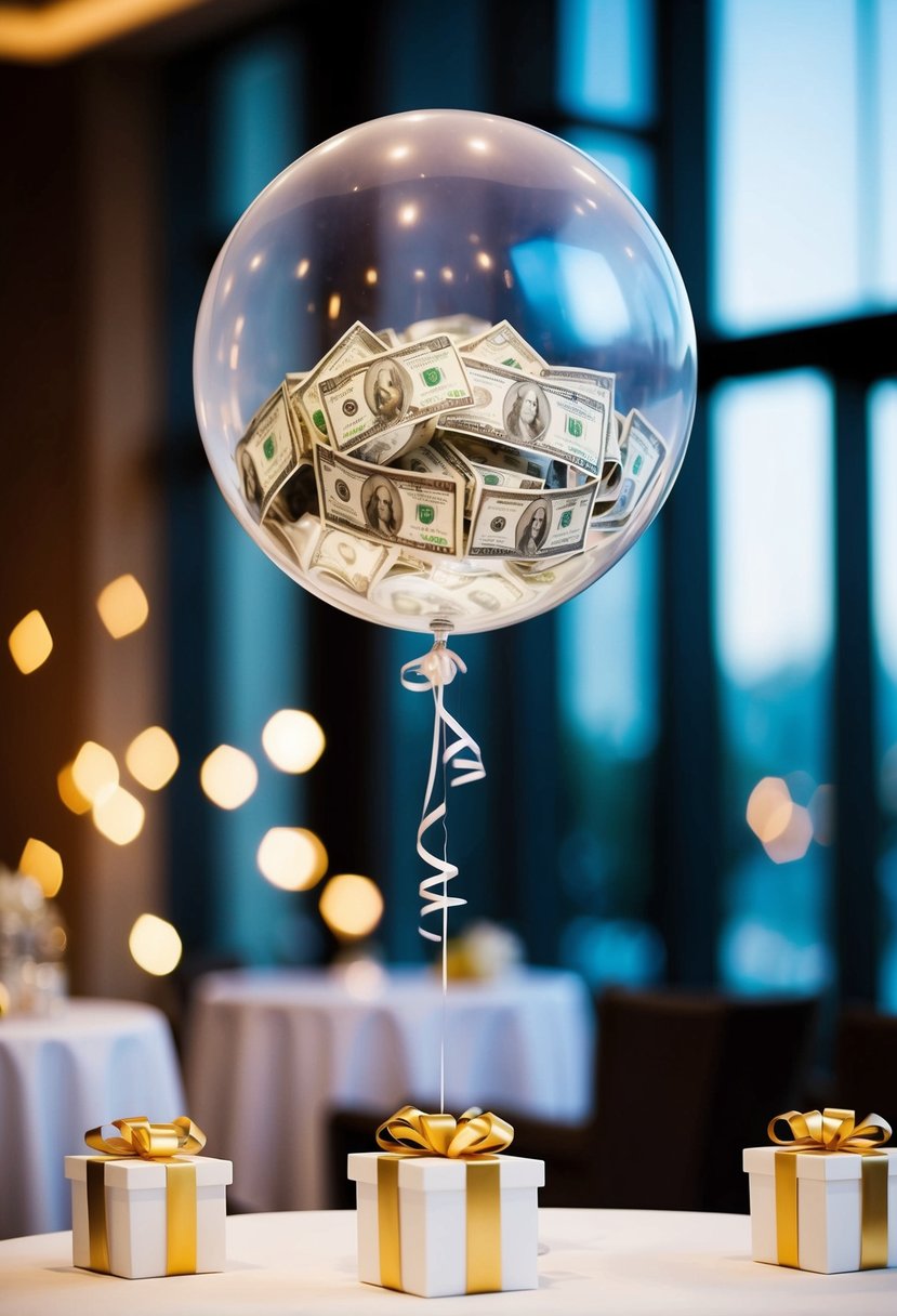 A clear balloon filled with cash floats above a wedding gift table