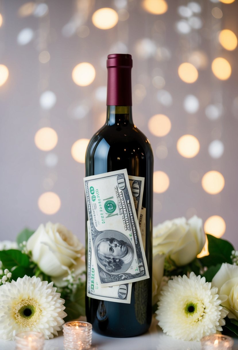 A wine bottle filled with cash, surrounded by wedding-themed decorations and flowers