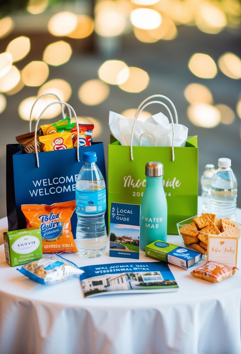 A table with assorted wedding welcome bag items: snacks, water bottle, map, local guide, and small gift