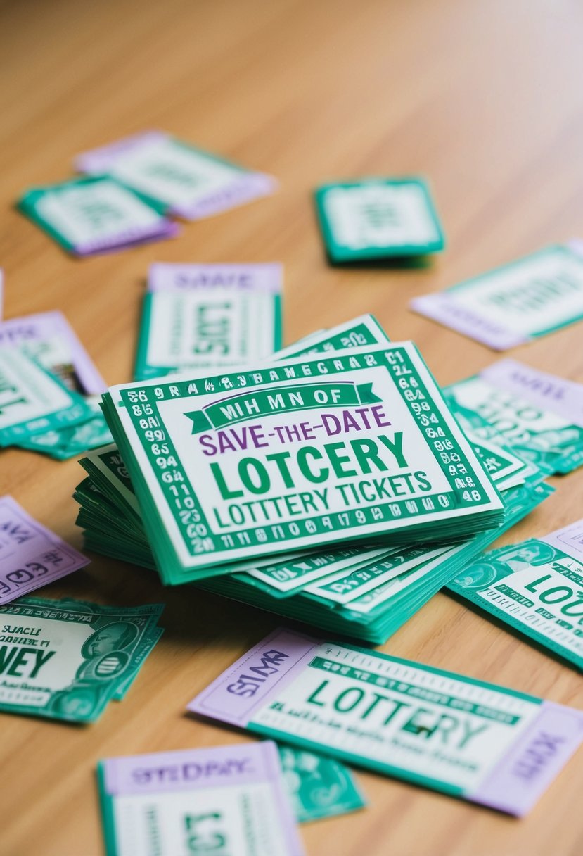 A pile of save-the-date lottery tickets surrounded by wedding-themed money gift ideas