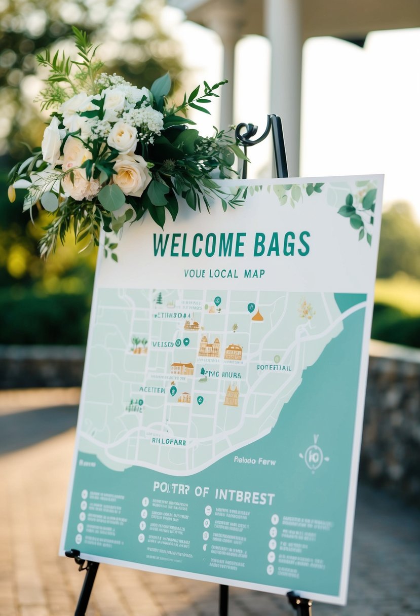 A custom local map featuring wedding venues, landmarks, and points of interest for welcome bags