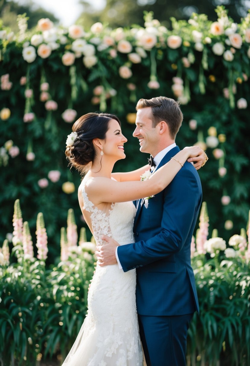 A bride and groom stand facing each other, smiling, with their arms around each other, against a backdrop of flowers and greenery