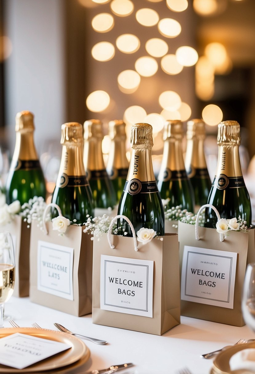 A table adorned with mini champagne bottles, surrounded by elegant wedding welcome bags