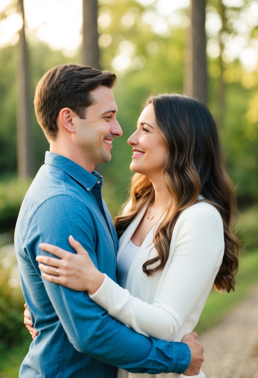 A couple standing together in a serene outdoor setting, embracing and looking at each other with genuine smiles