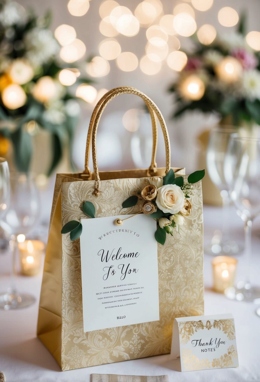 A beautifully decorated welcome bag with personalized thank-you notes, wedding favors, and elegant packaging