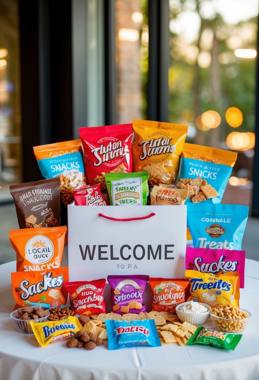 A colorful array of local snacks and treats arranged in a welcome bag