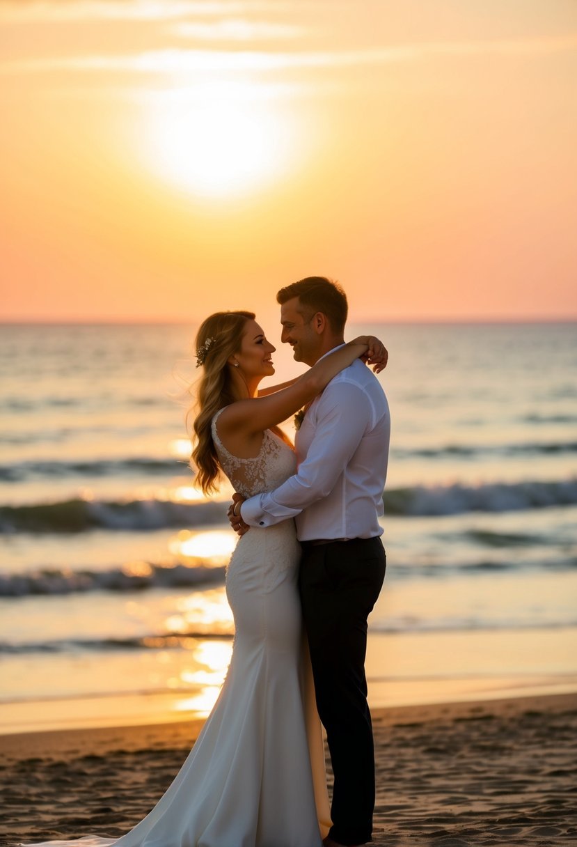 A couple stands on a beach, bathed in warm sunset light, embracing and looking into each other's eyes. The golden glow creates a romantic and dreamy atmosphere for wedding posing