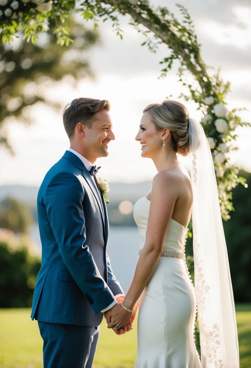 A bride and groom stand facing each other, holding hands and smiling, with a beautiful outdoor wedding backdrop behind them