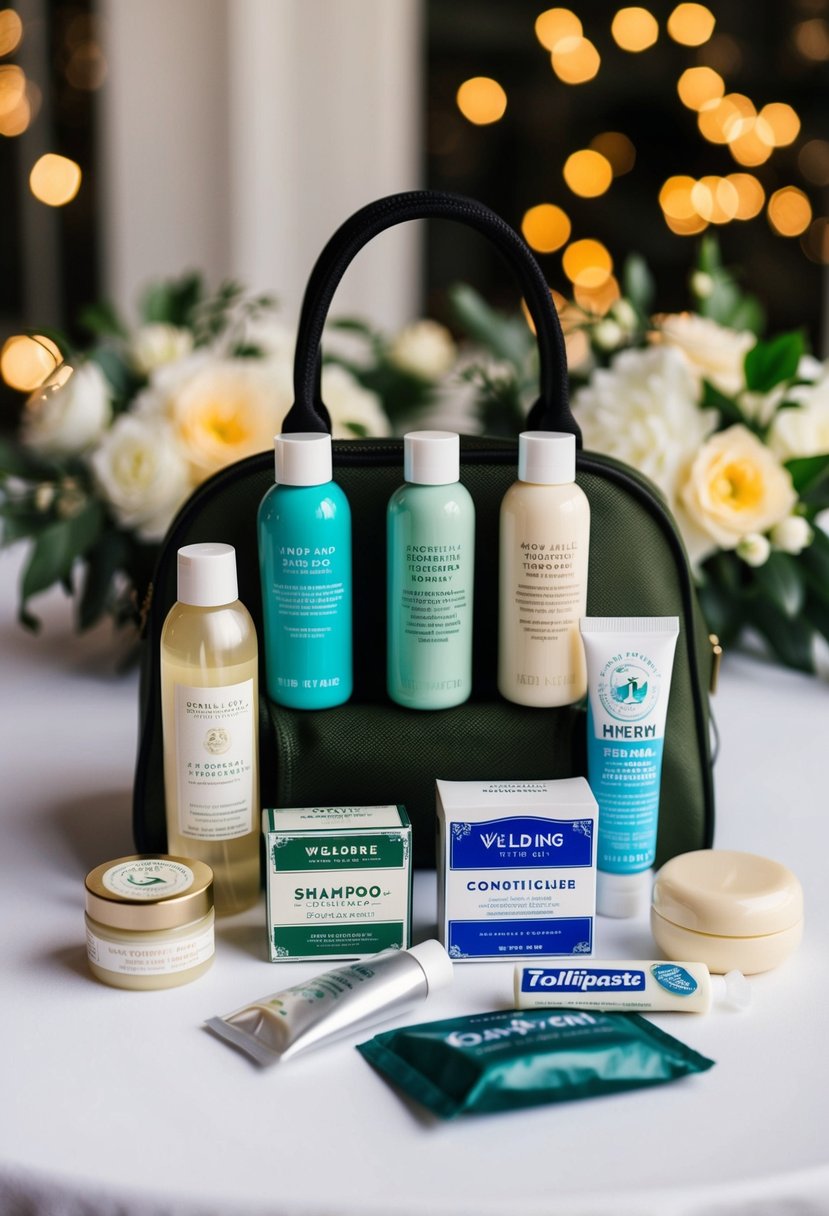 A collection of travel-sized toiletries arranged neatly in a wedding welcome bag, including mini shampoo, conditioner, soap, toothpaste, and lotion