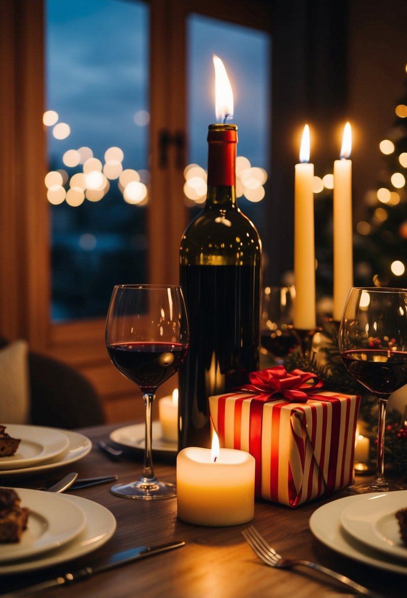 A cozy candlelit dinner with a bottle of wine and a beautifully wrapped gift on a table