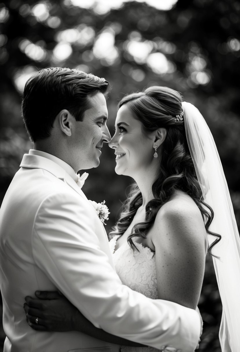 A bride and groom standing face to face, gazing into each other's eyes with a soft smile, ignoring the camera