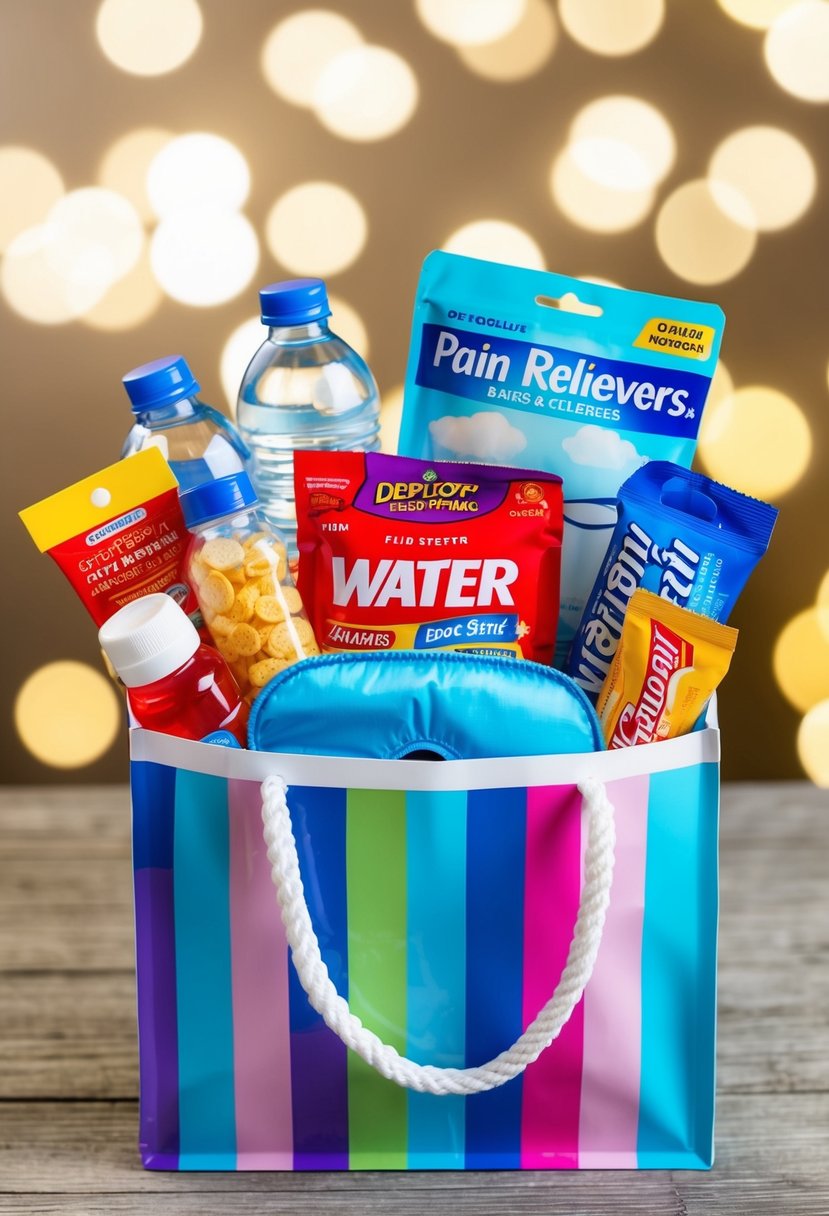 A colorful gift bag filled with water bottles, pain relievers, snacks, and a soothing eye mask