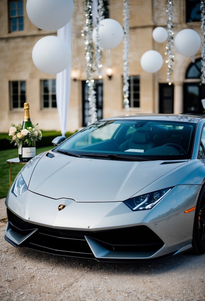 A sleek Lamborghini parked next to a bottle of sparkling wine, surrounded by elegant wedding anniversary decor