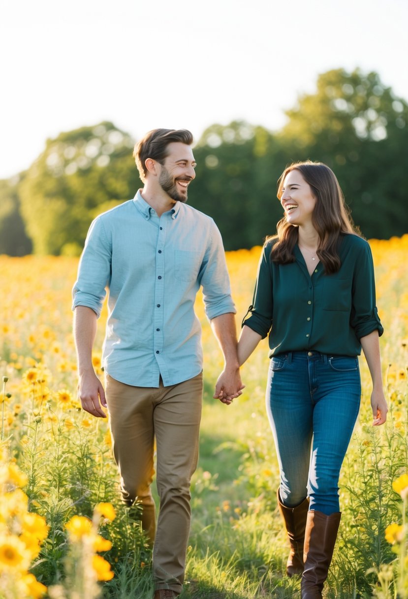 A couple laughing together while walking through a field of wildflowers, with the sunlight casting a warm glow on their faces