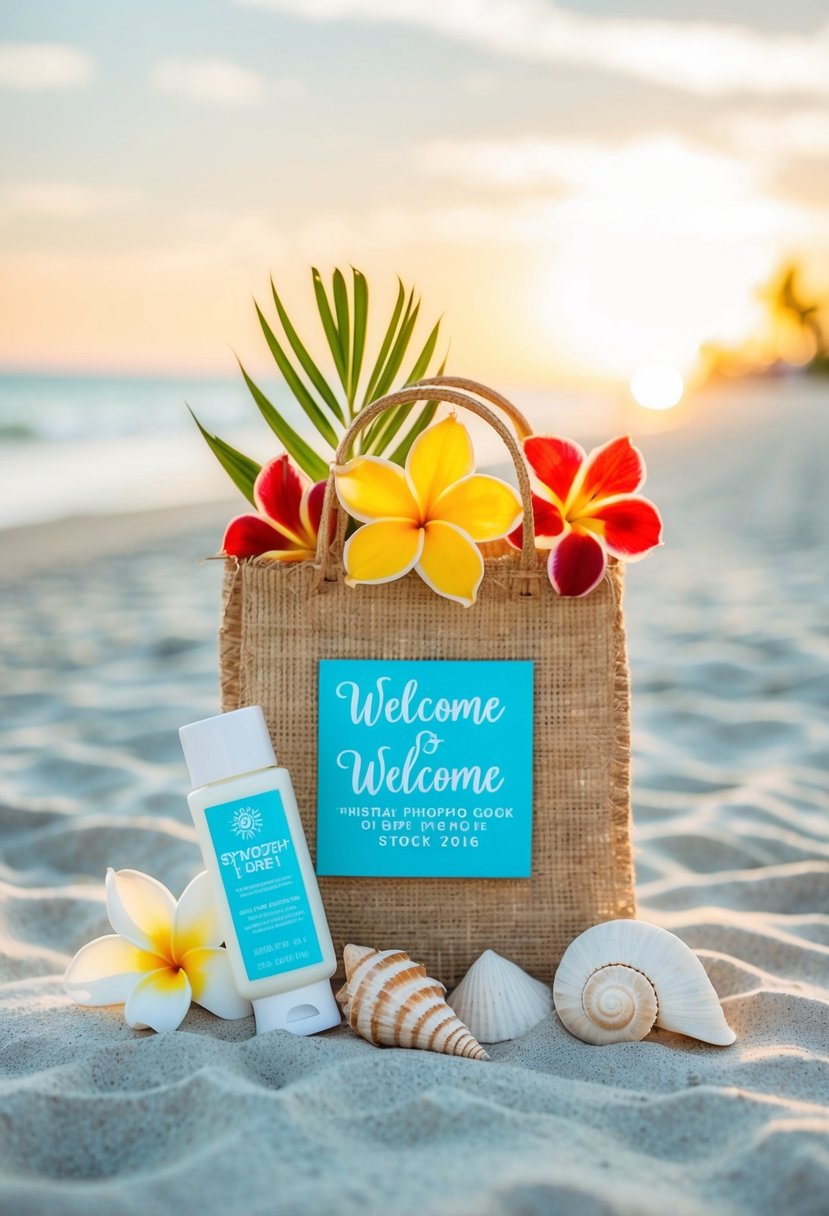 A beach wedding welcome bag with mini sunscreen lotion, seashells, and tropical flowers