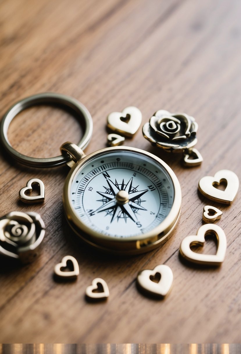 A compass keychain with initials engraved, surrounded by romantic symbols like hearts and roses