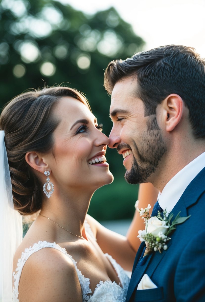 A couple's eyes meet, radiating joy and love, as they pose for their wedding photos