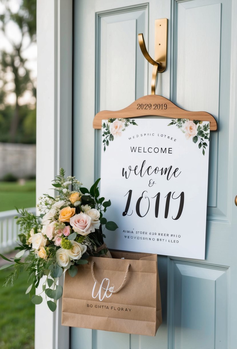 A custom door hanger featuring wedding-themed designs and a welcome bag filled with flowers and gifts