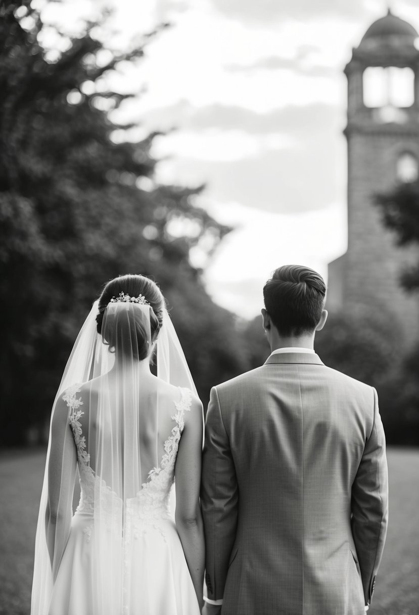 A bride and groom standing back-to-back, facing away from each other with straight posture and relaxed shoulders