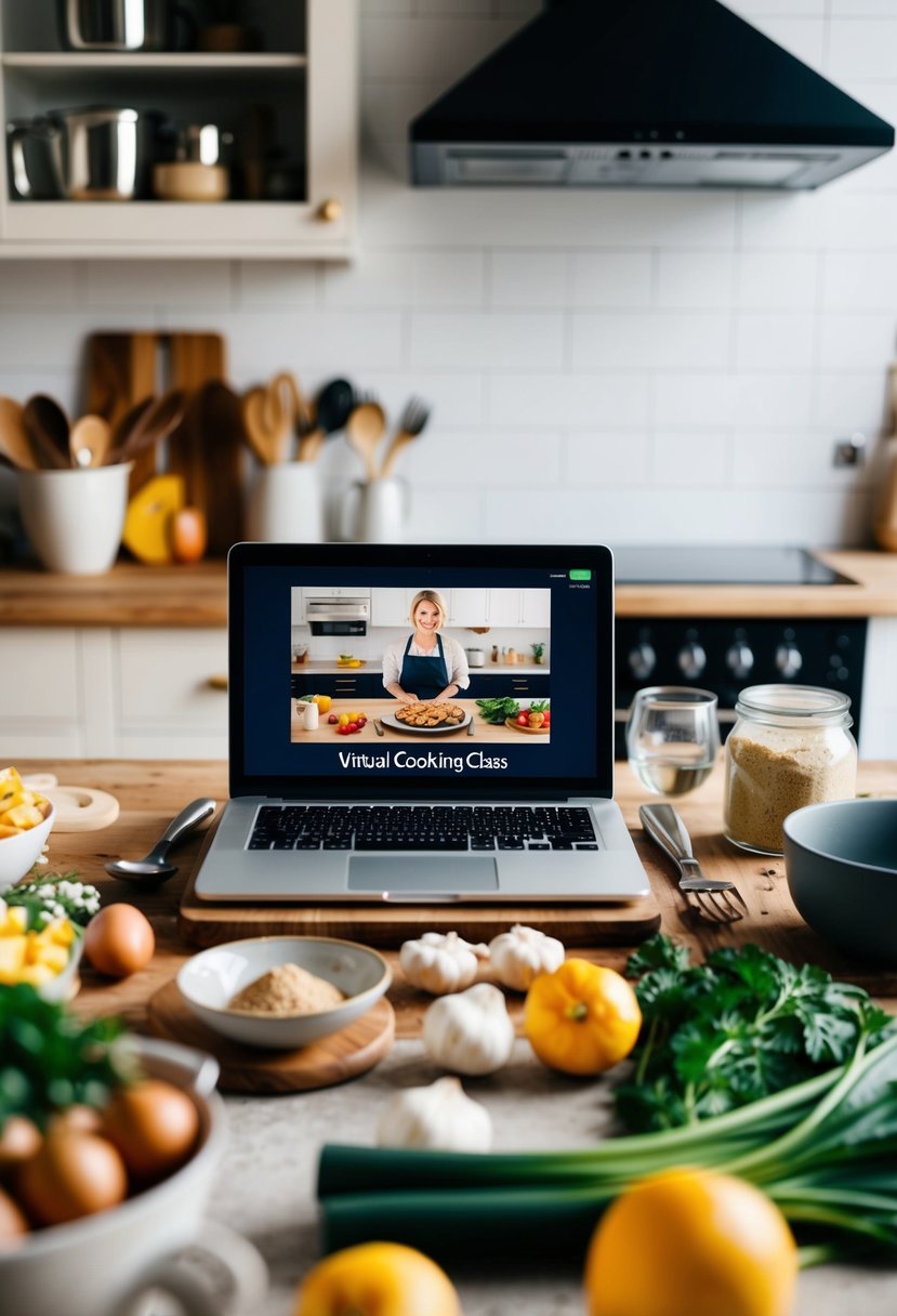 A cozy kitchen with a laptop showing a virtual cooking class, surrounded by utensils and ingredients for a romantic anniversary meal