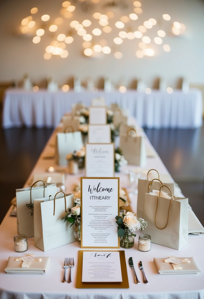 A table with a neatly arranged wedding itinerary, welcome bags, and various gift items