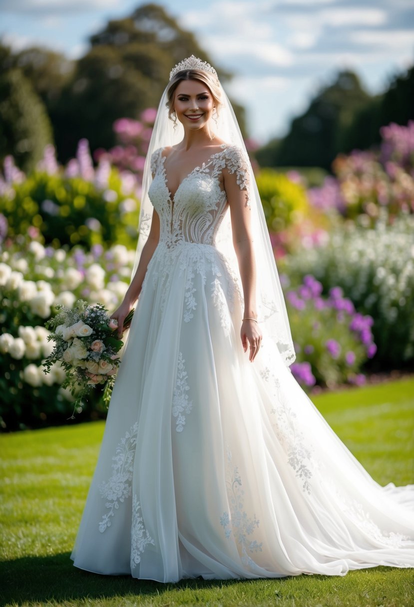 A bride's flowing white gown with intricate lace details, paired with a sparkling tiara and delicate veil, standing in front of a blooming garden