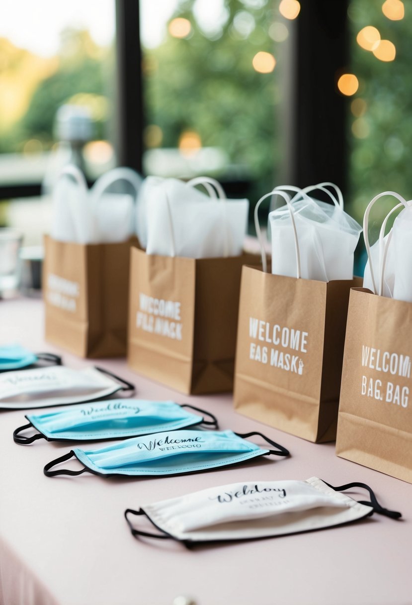 A table adorned with personalized face masks and wedding welcome bag items