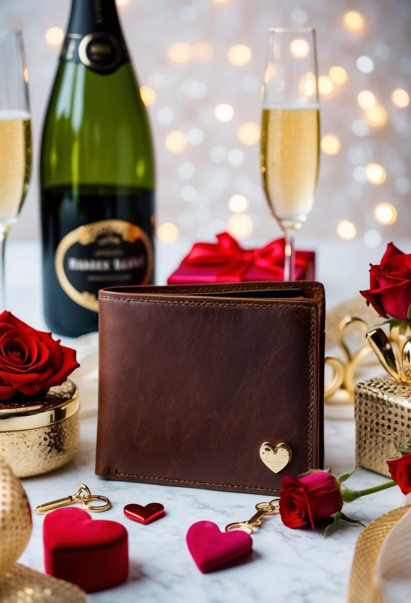 A leather wallet surrounded by elegant anniversary symbols like champagne glasses, roses, and a heart-shaped gift box