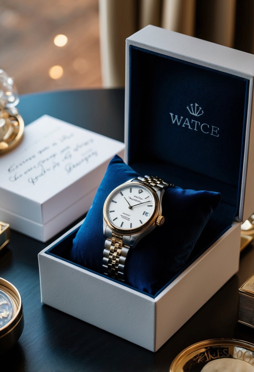 A luxurious watch with personalized engraving displayed on a velvet cushion, surrounded by elegant packaging and a handwritten note