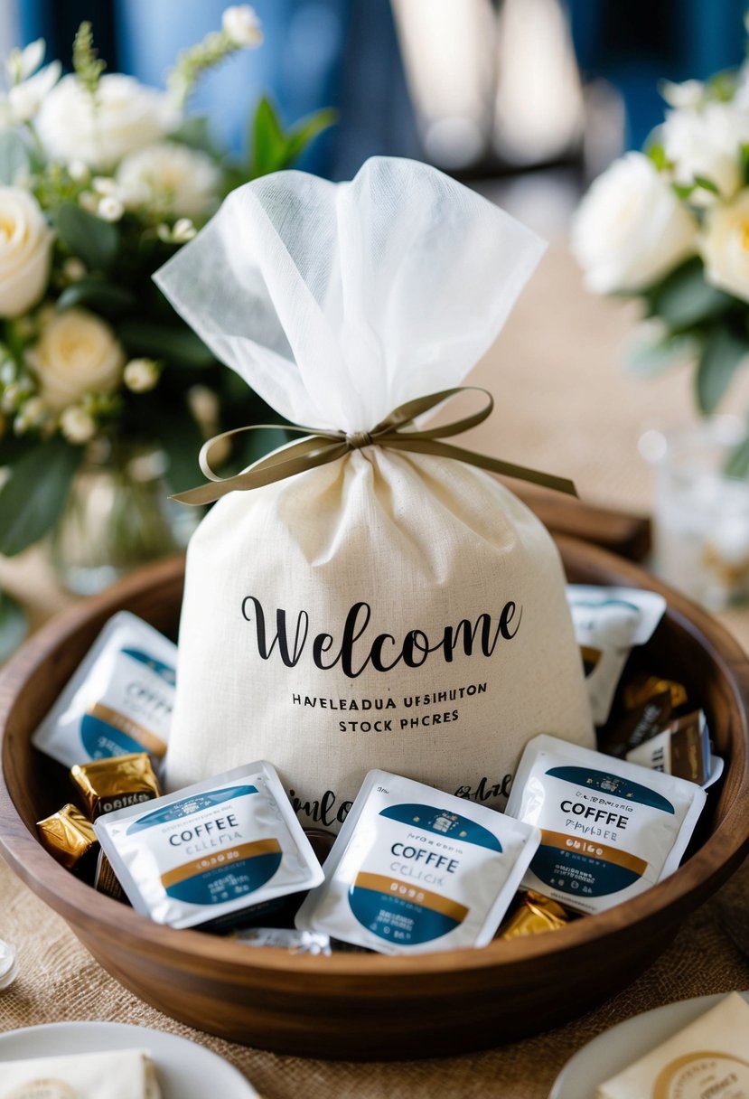 A wedding welcome bag with single-serve coffee packets, tied with a ribbon and nestled among other goodies