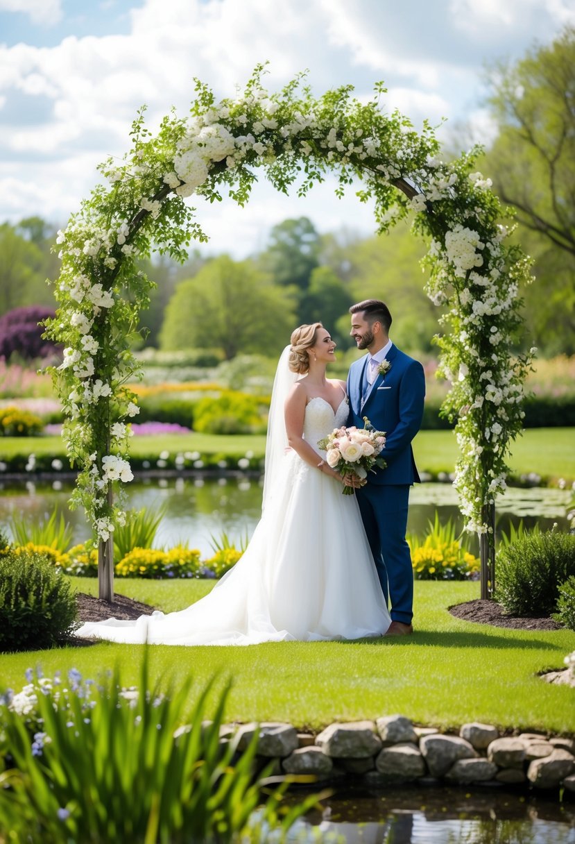 A couple stands under a blooming archway, surrounded by lush greenery and a serene pond. The bride holds a bouquet while the groom gazes lovingly at her