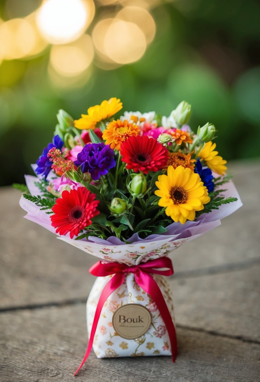 A small bouquet of colorful flowers tied with ribbon in a decorative bag