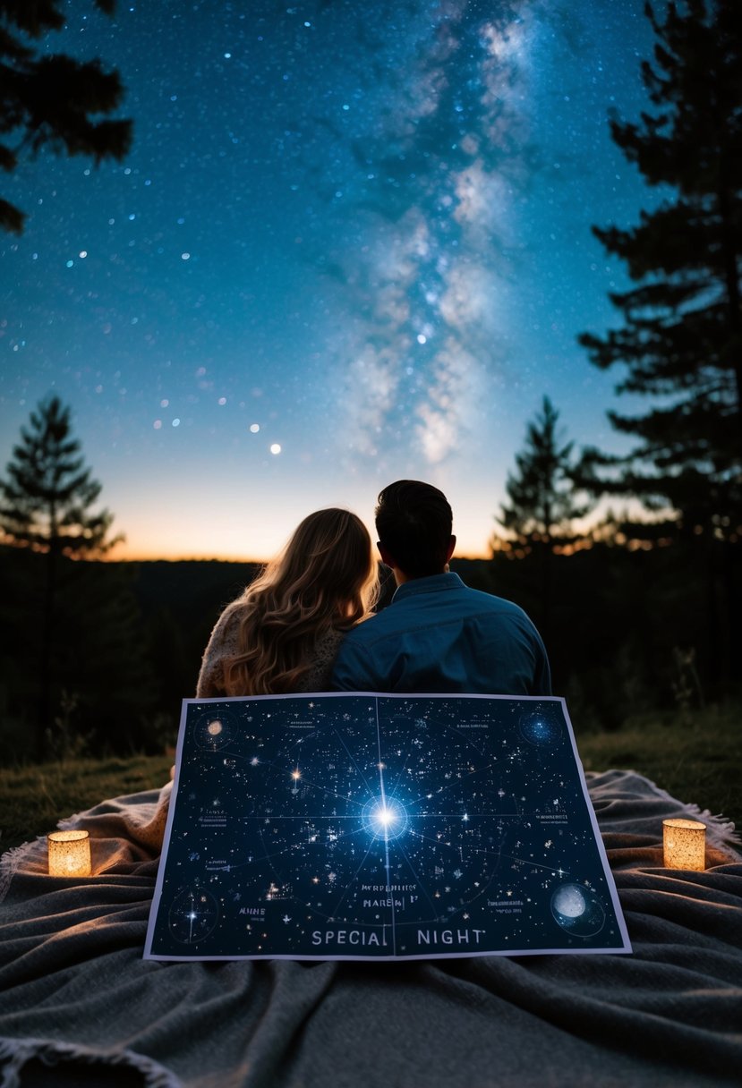 A couple stargazing under a night sky, surrounded by trees and a cozy blanket, with a custom star map of their special night