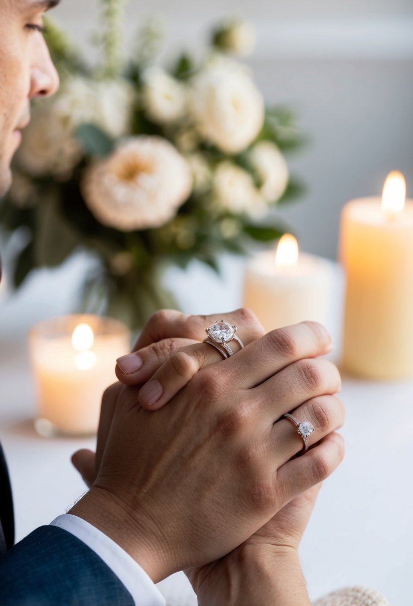 A couple's clasped hands with wedding rings, against a soft-focus background of flowers and candles